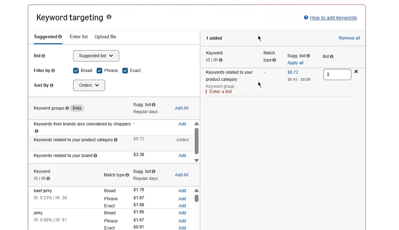 gebote und übereinstimmungstypen für keywords