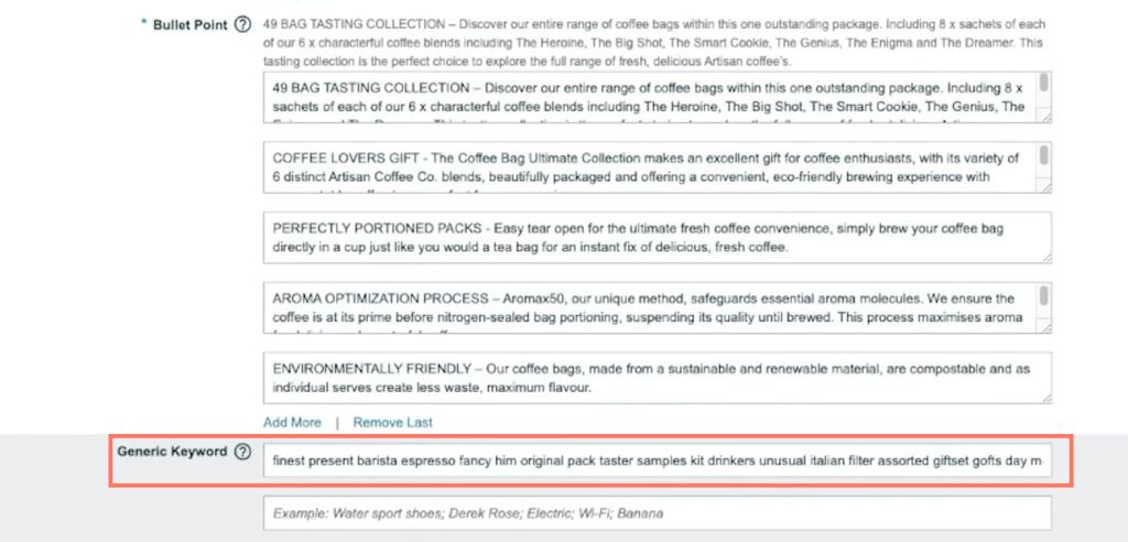 eingabe von backend keywords unter den bullet points