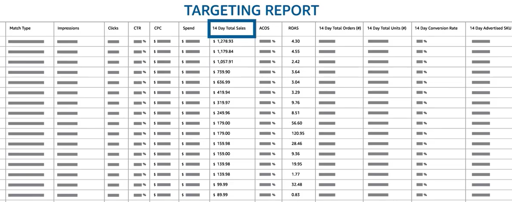 Im Targeting-Bericht deiner SP-Ads erkennst du leistungsstarke Keywords an einem hohen Umsatz und einem hohen RoAS