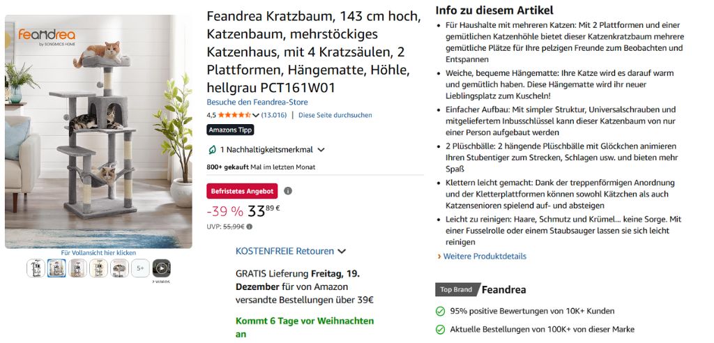 Titel und Bullet Points der obersten organischen Produktplatzierung für "Kratzbaum"