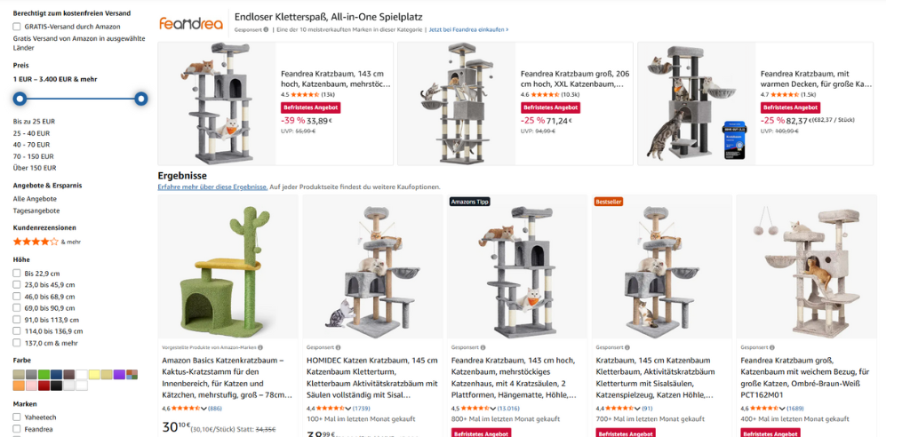 Gesponserte Produkte erscheinen auf den ersten Plätzen im Amazon Ranking (Keyword: Kratzbaum)