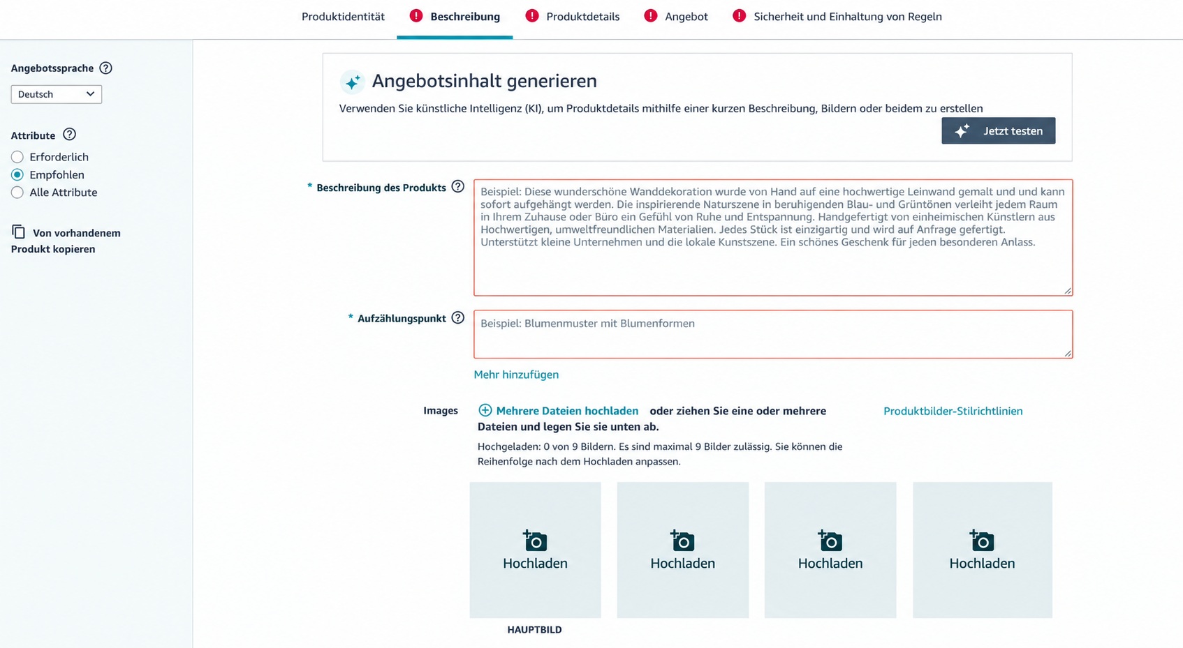 Beschreibung Bullet Points Produktbilder hochladen