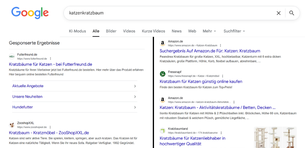 Gesponserte Ergebnisse am Anfang der Suchergebnisseite (links) und weitere Ergebnisse weiter unten (rechts)