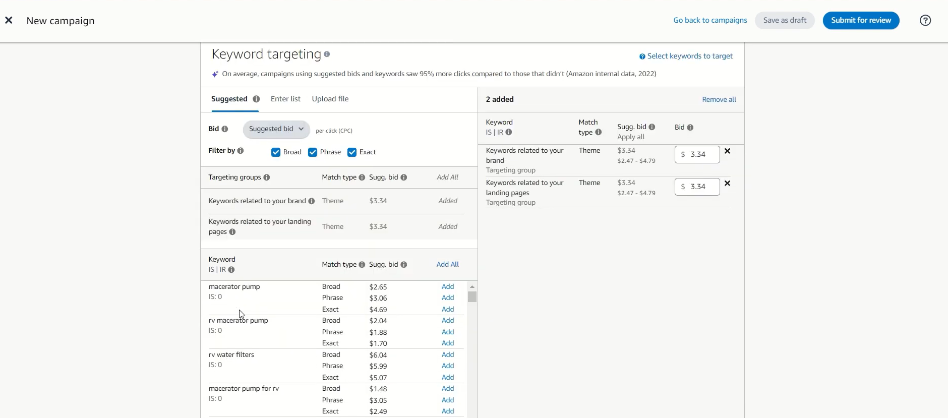Je nach Keyword und Match Type entstehen verschiedene Gebotsempfehlungen
