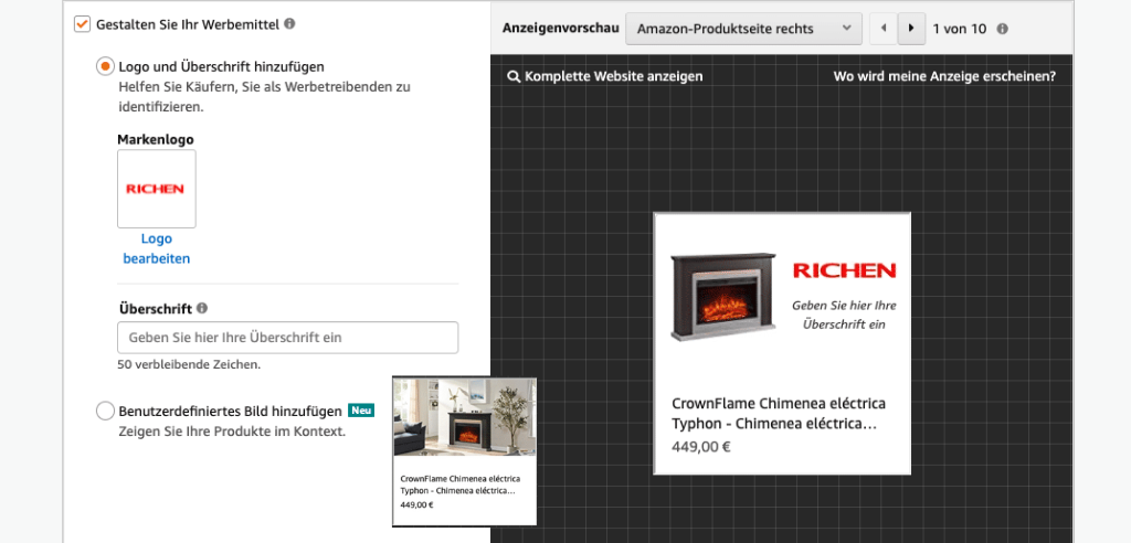 Gestaltungsmöglichkeiten der Werbemittel: Logo und Überschrift oder benutzerdefiniertes Bild