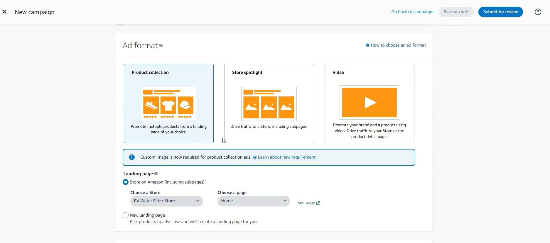 Auswahl des Werbeformats bei der Kampagnenerstellung.