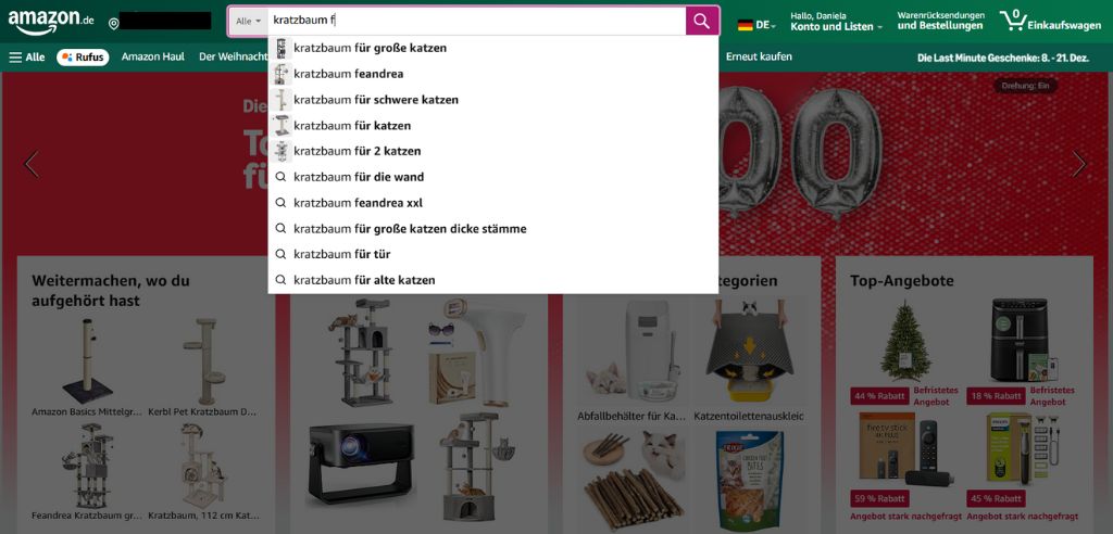 Autovervollständigung im Amazon Suchfeld für "Kratzbaum f"