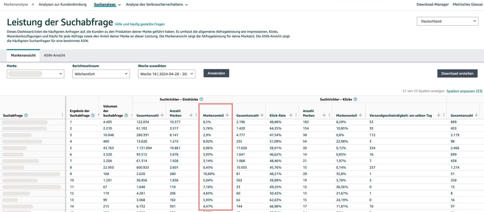 search query performance report markenanteil pro keyword