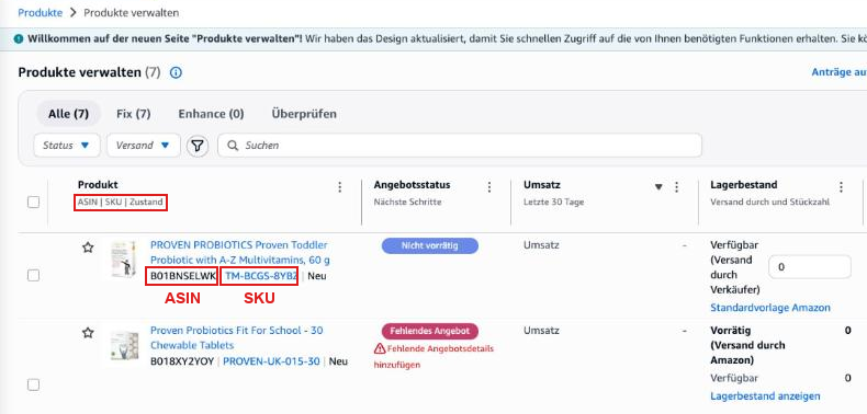 ASIN und SKU in Seller Central unter Produkte verwalten