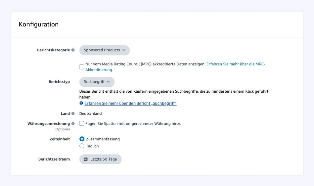 Suchbegriffbericht in der Amazon-Werbekonsole anlegen