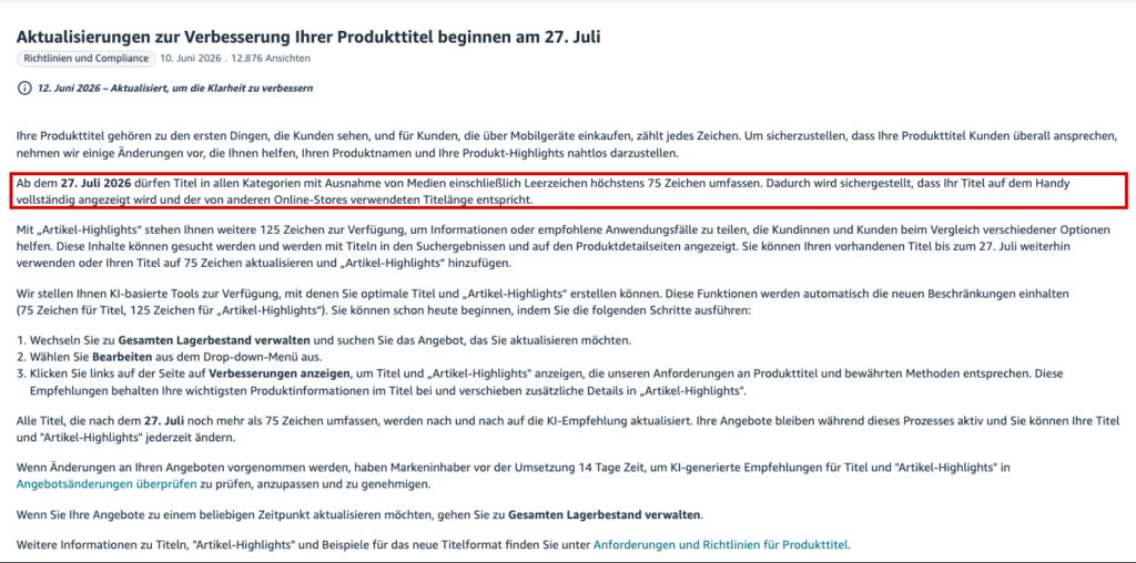 Amazon Seller News: Produkttitel maximal 75 Zeichen