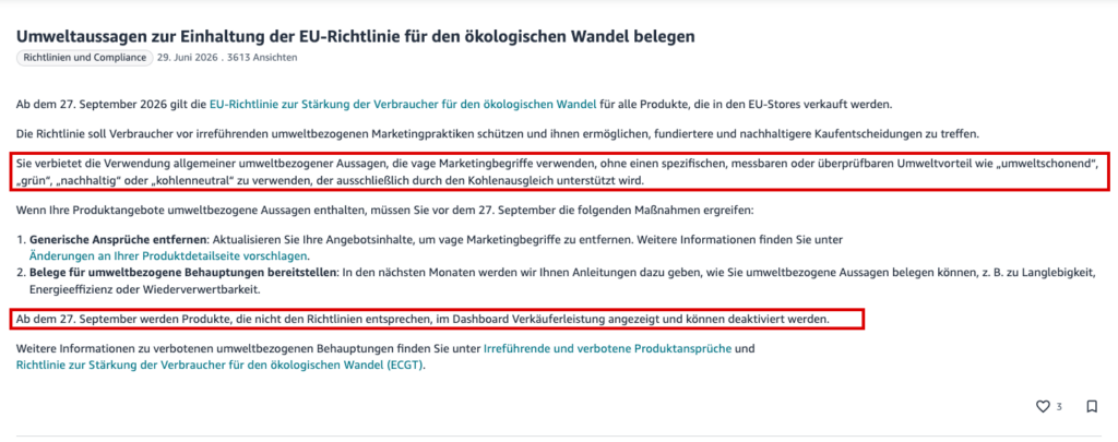 Amazon Seller News zur EU-Richtlinie ECGT und Umweltaussagen