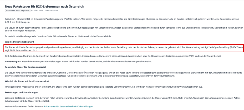 Amazon Seller News zur Paketsteuer Österreich