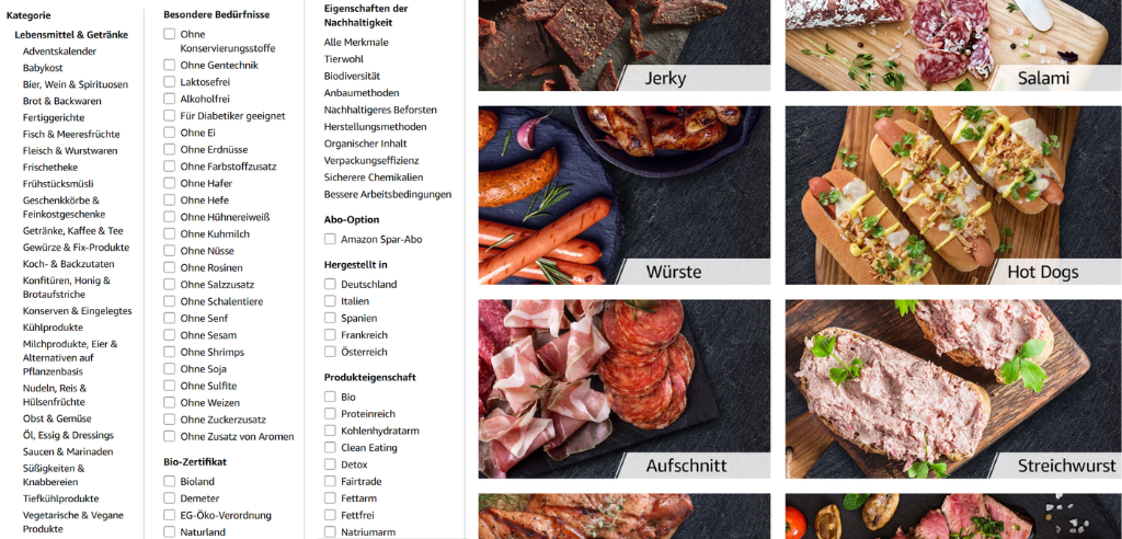 filter auswahlmöglichkeiten kategorien lebensmittel