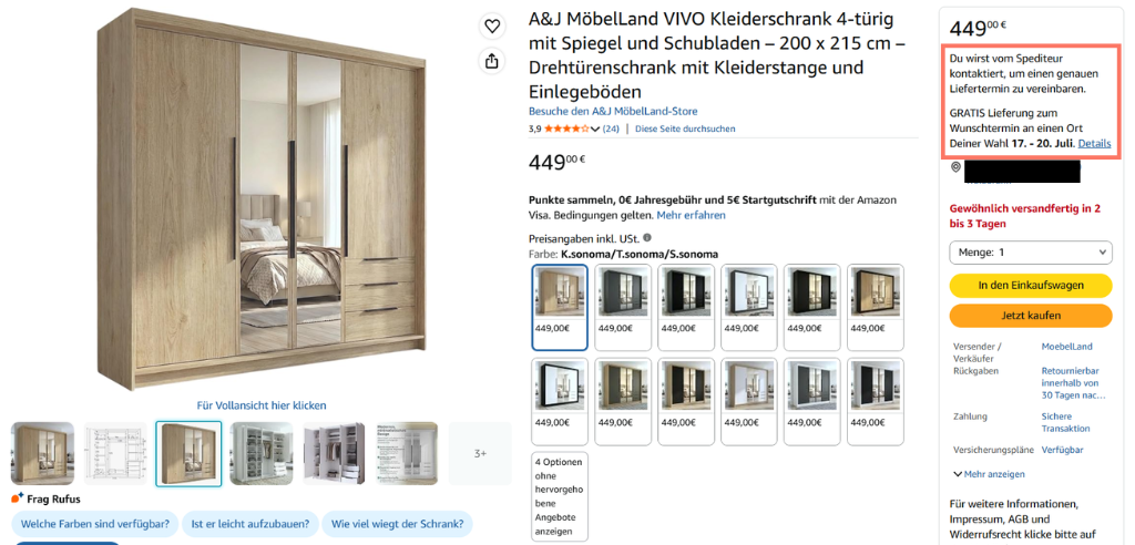 fulfillment by merchant für sperrgut lieferung zum wunschtermin