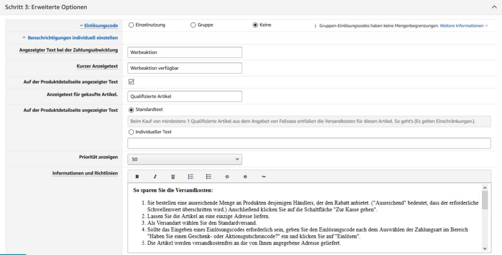 Werbeaktion kostenloser Versand Schritt 3